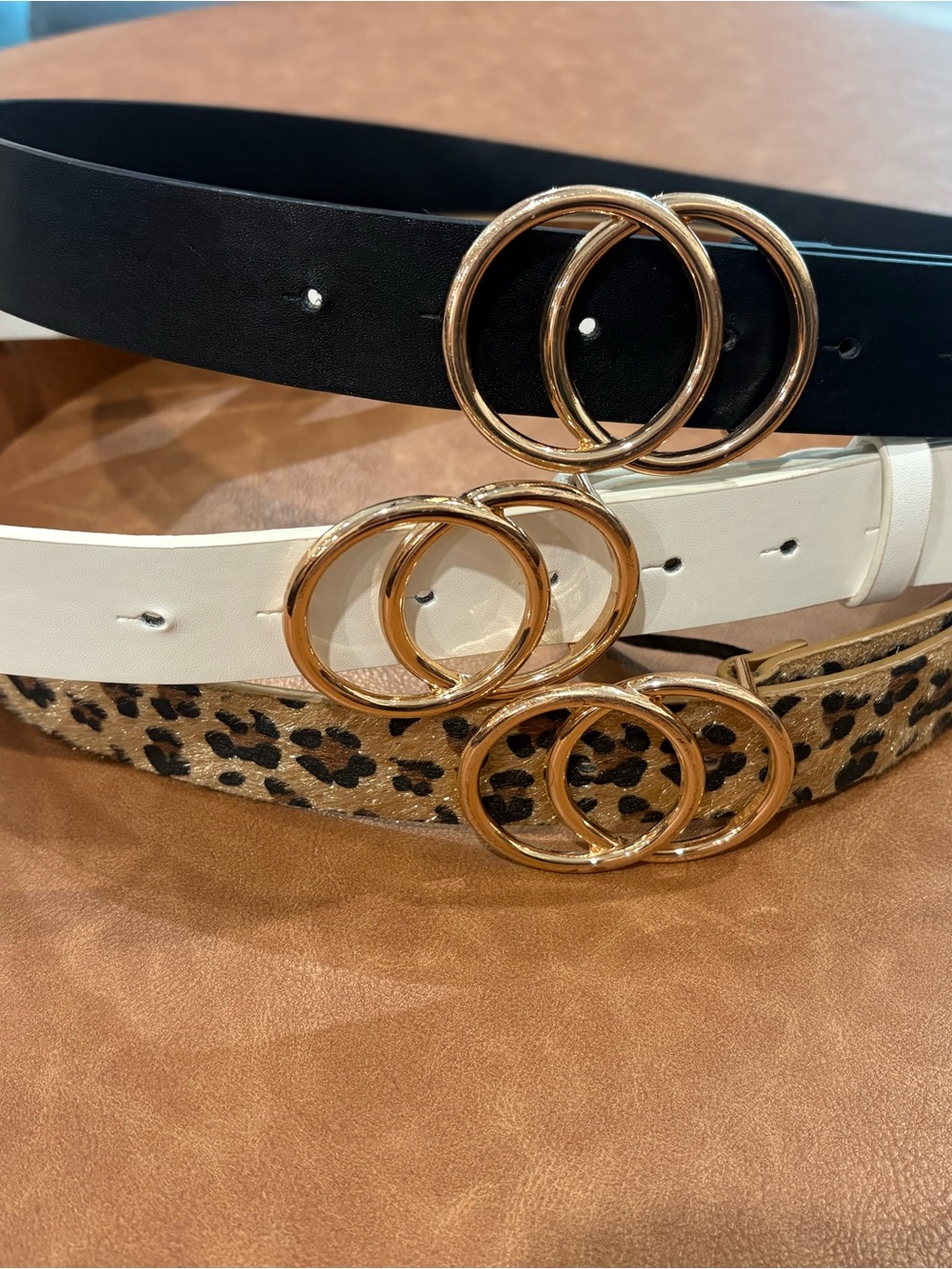 Double Ring Faux Leather Belt - Black, White, Leopard